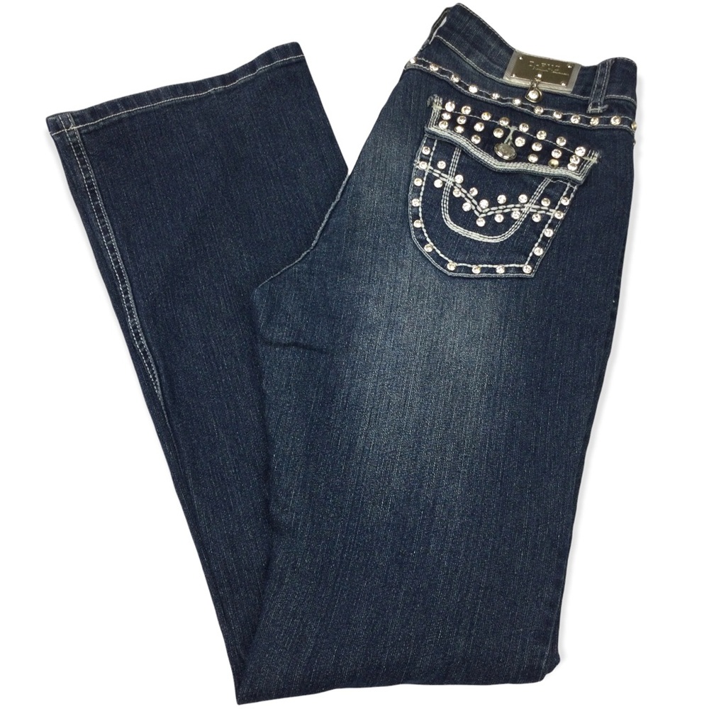 D-Fuz Premium Denim Jeans Embellished Rhinestone Flap Pockets Charm Womens 11/12
